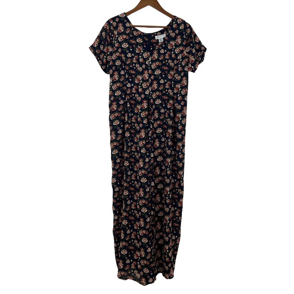 Express Vintage 90s Maternity Ditsy Floral Navy Blue Jumpsuit Grunge Sheer M/2